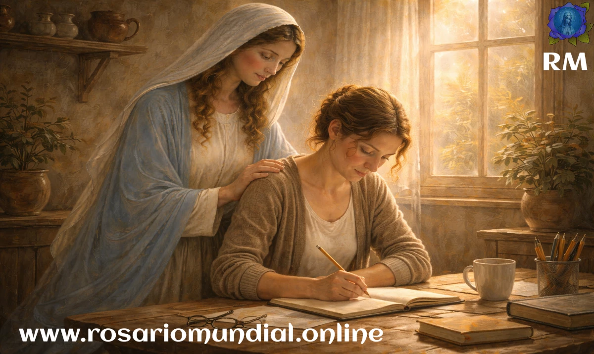 La Virgen María en un entorno sencillo de trabajo cotidiano (mesa, herramientas o escritorio), acompañando en silencio a una persona concentrada, gesto de cercanía y protección, luz suave de mañana, ambiente sobrio y real, sensación de trabajo ofrecido y paz interior, estilo realista suave, sin texto, formato 16:9.