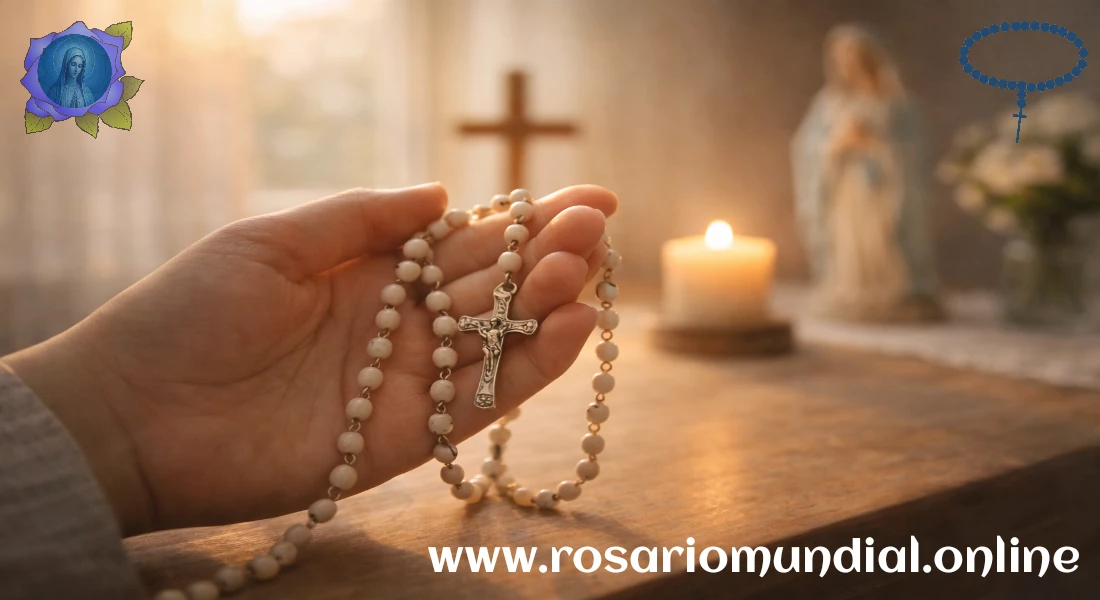 Mano con rosario, de fondo vela encendida y cruz junto a imagen de la virgen, con luz suave, sensación de alabanza y paz, fondo discreto mariano.