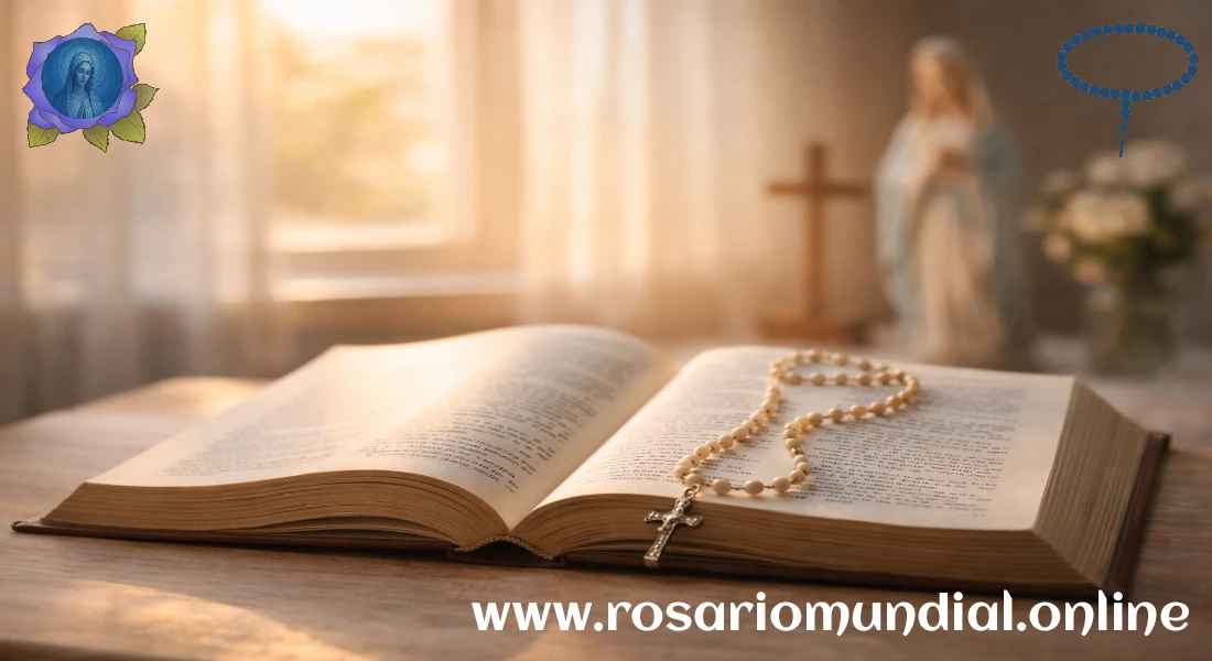 Biblia abierta y rosario sobre una mesa con luz suave, sensación de oración y confianza filial.