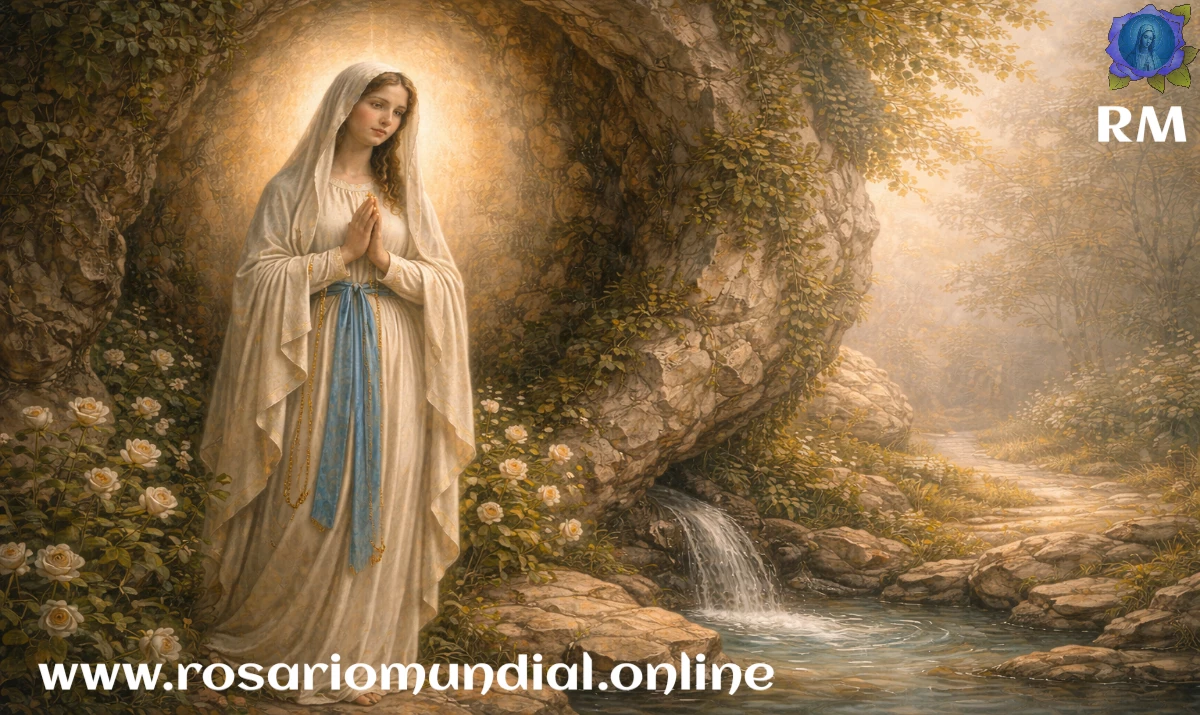 Nuestra Señora de Lourdes junto a una gruta o manantial, gesto sereno y materno, luz suave envolvente, ambiente de recogimiento y esperanza, sensación de consuelo y sanación, estilo realista suave, sin texto, formato 16:9.