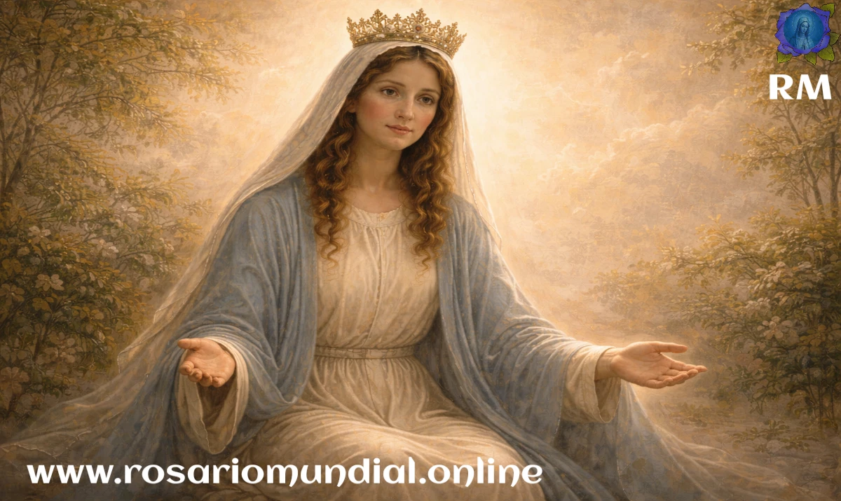 La Virgen María como Reina de la Paz, de pie o sentada con gesto sereno, manos abiertas en actitud de acogida, luz suave envolvente, fondo sencillo y armonioso que sugiera reconciliación, sensación de calma profunda y esperanza, estilo realista suave, sin texto, formato 16:9.