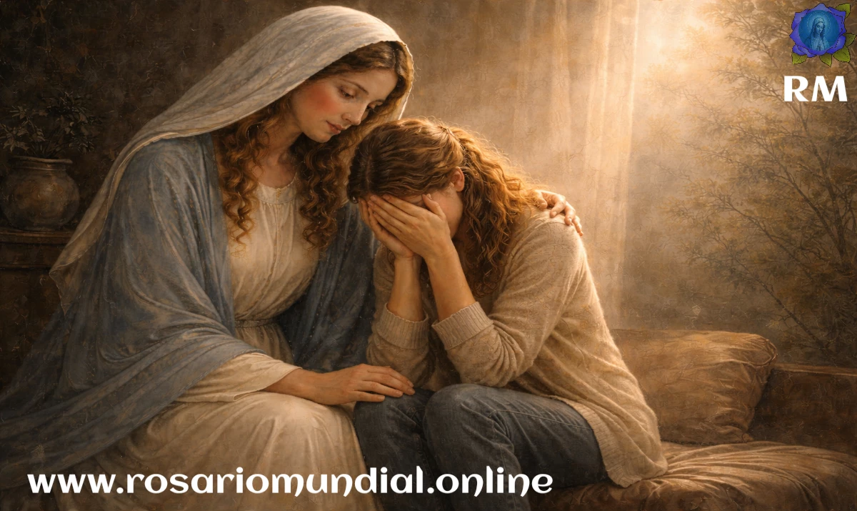La Virgen María sentada junto a una persona abatida en un entorno oscuro que comienza a iluminarse suavemente, gesto de cercanía y protección, luz tenue abriéndose paso entre sombras, sensación de consuelo y esperanza naciente