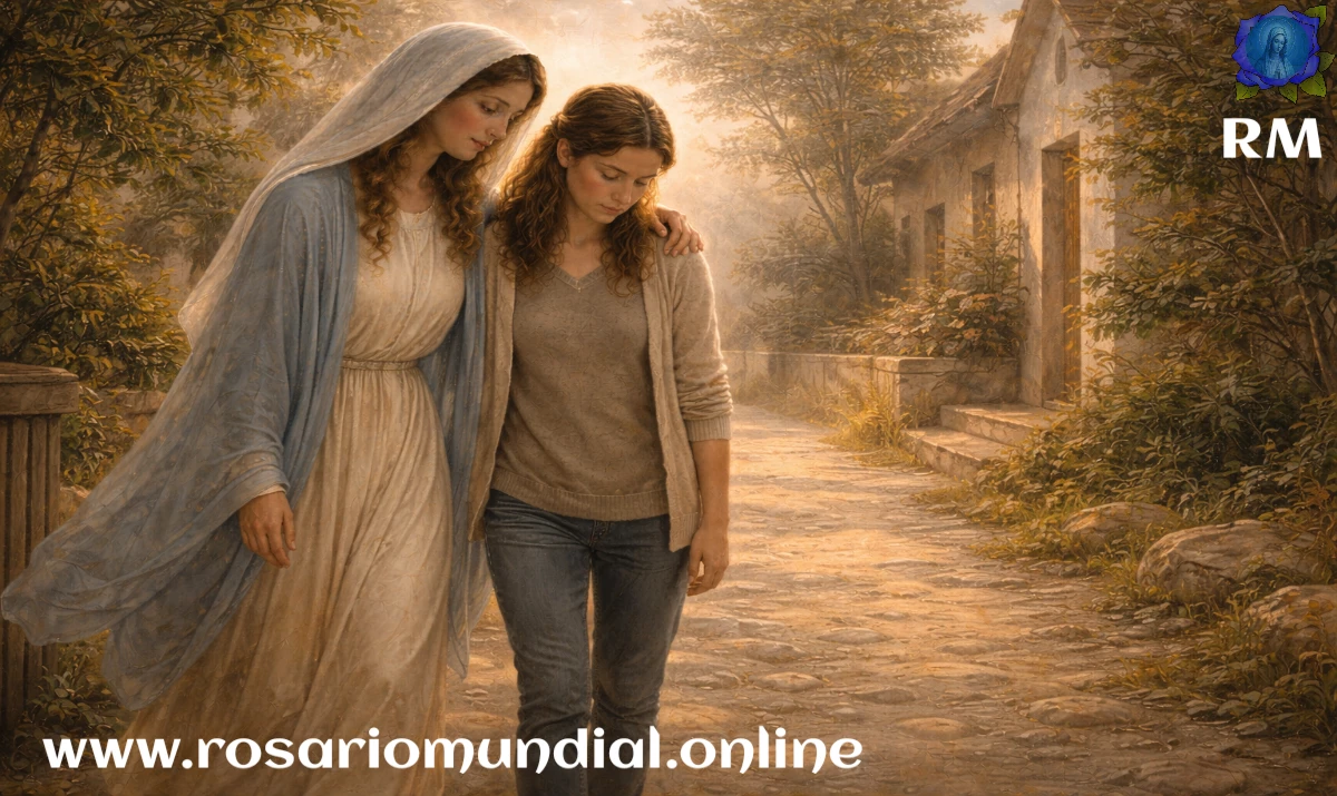 La Virgen María caminando junto a una persona cansada en una calle o sendero cotidiano, gesto de cercanía y apoyo, luz suave de tarde, ambiente sencillo y real, sensación de acompañamiento en lo ordinario, estilo realista suave, sin texto, formato 16:9.