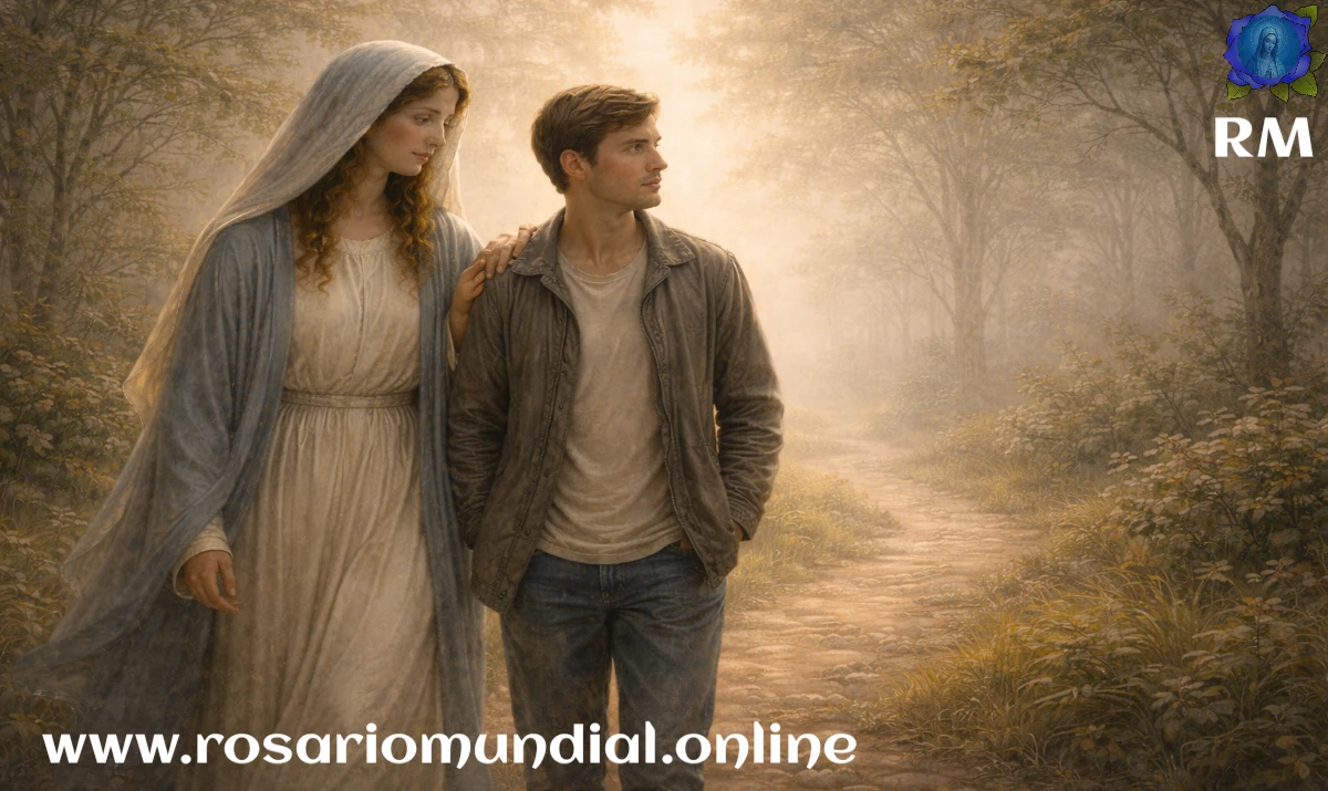 La Virgen María caminando junto a una persona en un sendero con niebla suave, gesto de acompañamiento tranquilo, luz difusa que se abre paso, ambiente sereno y silencioso, sensación de confianza en medio de lo incierto, estilo realista suave, sin texto, formato 16:9.