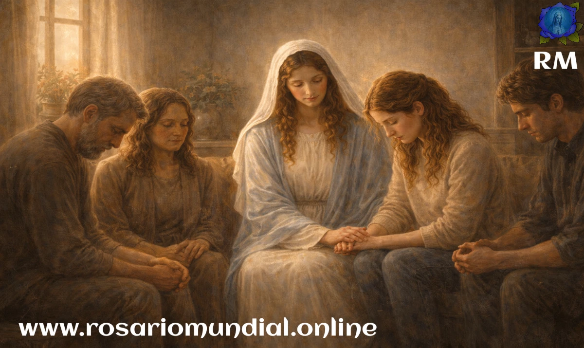 La Virgen María en un hogar sencillo, sentada junto a varios miembros de una familia reunidos en silencio, gesto de acogida y unidad, luz cálida entrando por una ventana, sensación de sanación y reconciliación, estilo realista suave, sin texto, formato 16:9.