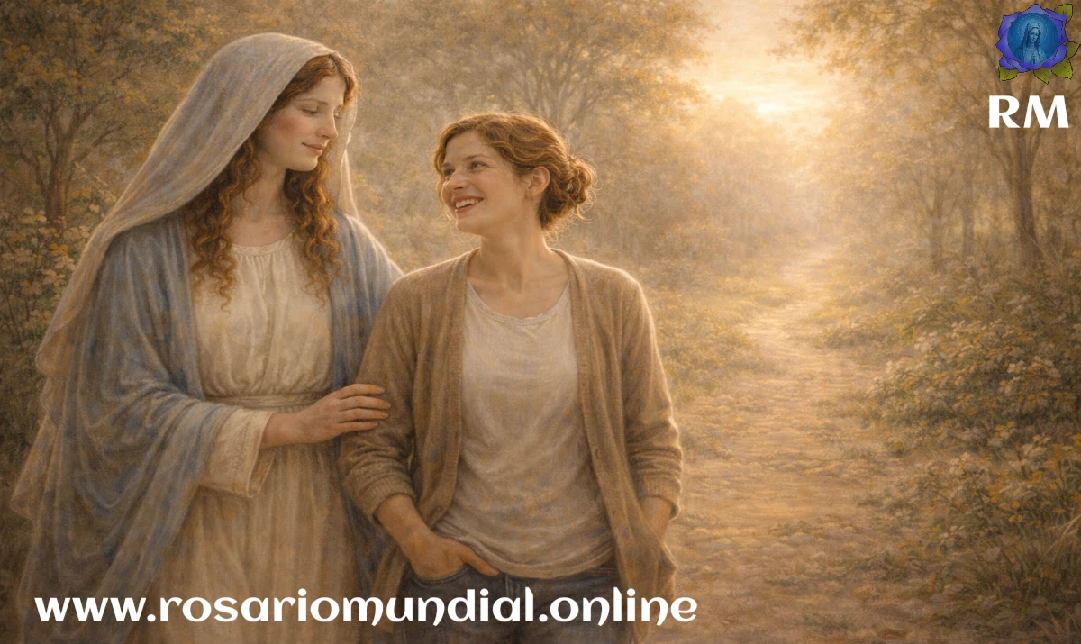 La Virgen María caminando junto a una persona sonriente en un entorno sencillo y luminoso, luz cálida de mañana, gesto de cercanía y serenidad, sensación de alegría tranquila y confianza, estilo realista suave, sin texto, formato 16:9.