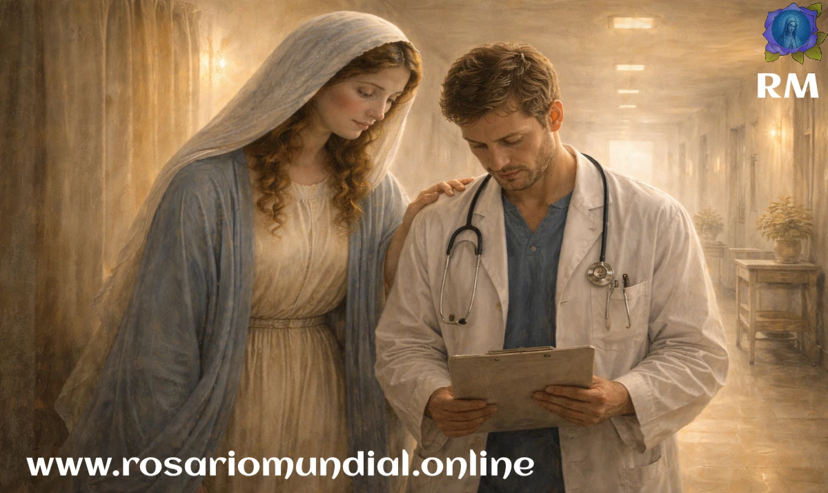 La Virgen María acompañando en silencio a un médico o cuidador en un pasillo o habitación sencilla, gesto de protección y cercanía, luz suave y respetuosa, ambiente sobrio, sensación de servicio y compasión, estilo realista suave, sin texto, formato 16:9.