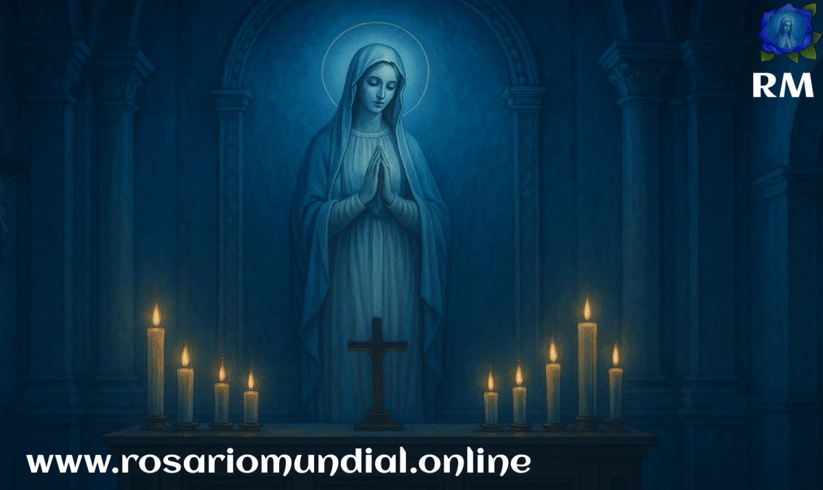 Virgen María con las manos juntas, en capilla enmarcada con arcos de piedra y como un foco de luz que le ilumina la cara, delante en un altar hay velas encendidas, en el centro de las velas una cruz pequeña presidiendo el entorno, todo sobre fondo azul oscuro