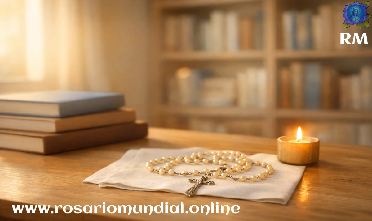 una mesa de madera clara con varios libros de tapa lisa sin letras apilados, un rosario delicado en primer plano sobre un paño blanco, una vela pequeña encendida a un lado, luz cálida y envolvente entrando suavemente desde una ventana (sin que se vea el exterior), fondo desenfocado tipo estantería con tonos crema y celeste, ambiente sereno y contemplativo, sensación de ‘biblioteca mariana’ sin usar texto, sin logotipos, sin marcas de agua, sin letras en portadas, alta calidad, enfoque limpio.