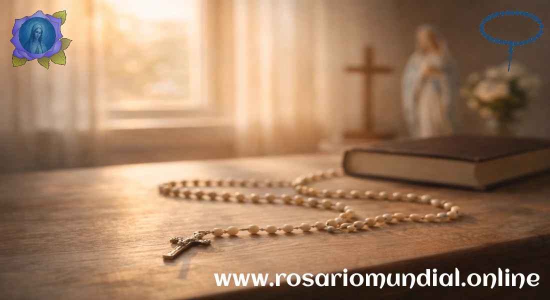 Rosario y crucifijo sobre un fondo de amanecer, con una Biblia cerrada y una luz suave que inspira fe.