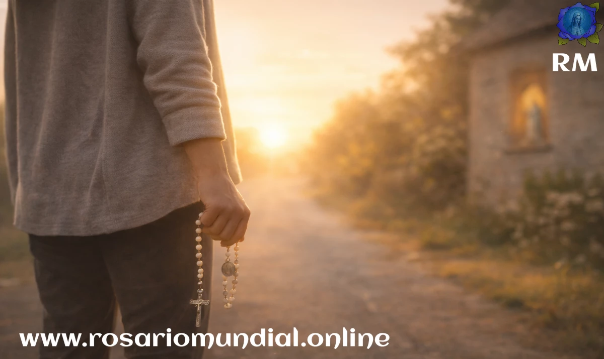 Persona de espaldas caminando por un sendero sencillo o una calle tranquila al amanecer, sosteniendo un rosario en la mano a la altura del costado, luz dorada suave, ambiente sereno y contemplativo, horizonte luminoso que sugiera esperanza, detalles sutiles marianos (una pequeña medalla mariana en el rosario o una imagen discreta muy desenfocada en una ventana), estilo realista suave, sin texto, formato 16:9.