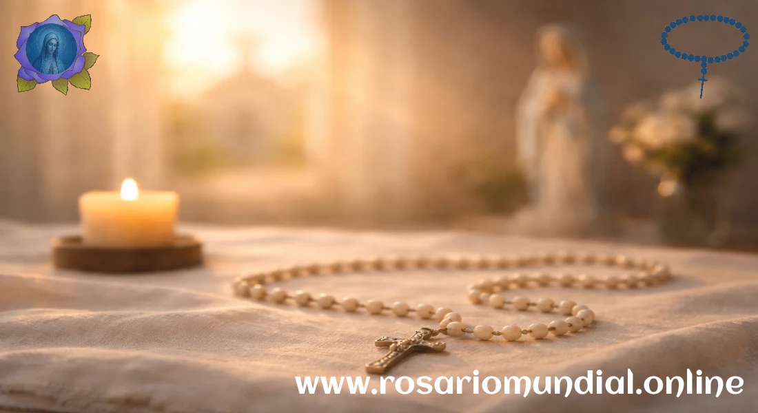 Rosario en primer plano sobre una tela clara; al fondo, desenfocado, una pequeña vela y una silueta muy suave de una capillita/santuario (o una ventana con luz intensa) que sugiera “luz de Fátima” sin ser literal. Luz: dorada, como atardecer, con sensación de misericordia y esperanza. Fondo: opcional una imagen muy discreta de la Virgen (sutil, sin protagonismo excesivo). Sensación: súplica confiada, misericordia, paz.
