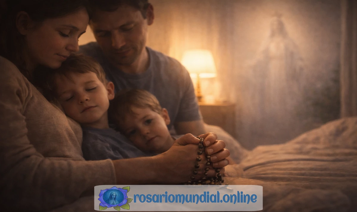 Escena realista suave y luminosa: una madre y padre junto a unos niños pequeños en un hogar sencillo, quizá antes de dormir. Un adulto sostiene suavemente un rosario mientras el niño apoya la cabeza o mira con calma. Luz cálida de lámpara o atardecer. Presencia mariana muy sutil sugerida en la luz, apenas perceptible. Sensación de ternura, protección y confianza. Sin texto.