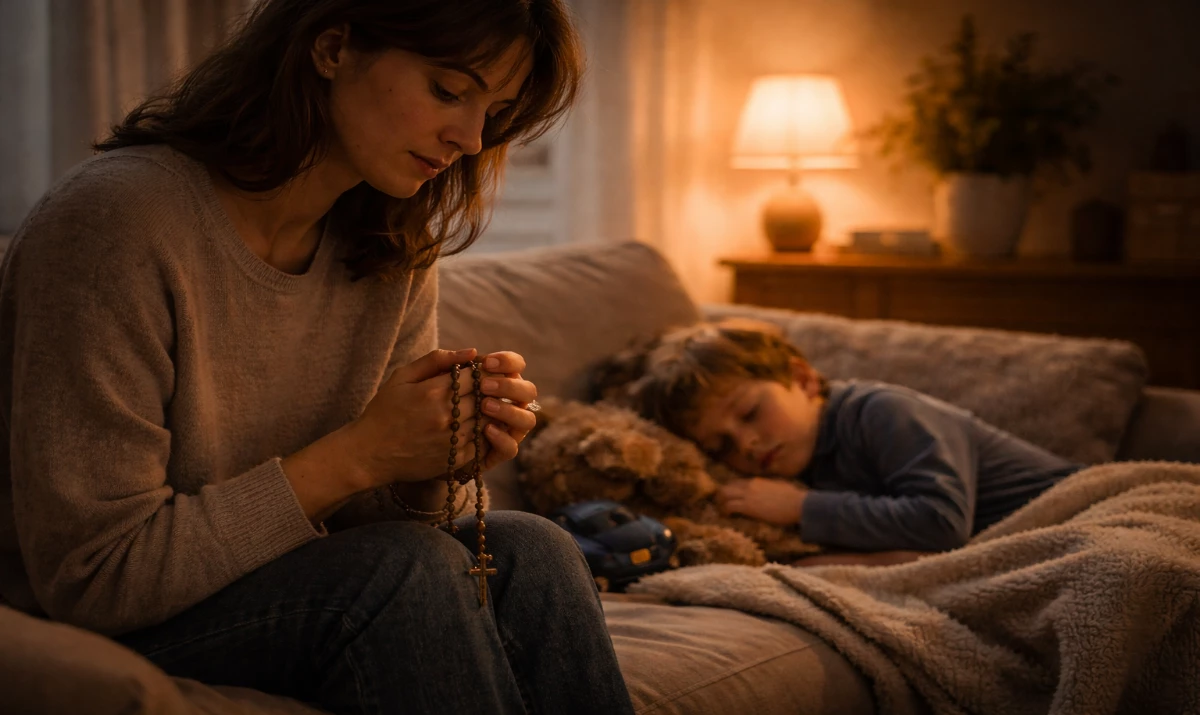 Escena realista suave y respetuosa: una madre joven en un hogar sencillo al final del día, sentada junto a su hijo pequeño que duerme o juega cerca. Ella sostiene un rosario discretamente entre las manos. Luz cálida de lámpara nocturna. Ambiente de cansancio real pero también de ternura y fortaleza. Presencia mariana muy sutil sugerida en la luz. Sin texto.