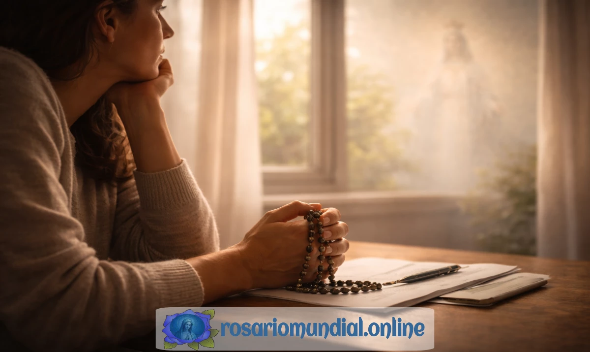Escena realista suave y respetuosa: una persona sentada en silencio frente a una mesa o junto a una ventana, mirando hacia fuera con gesto pensativo. En sus manos, un rosario sostenido con suavidad. Luz natural suave entrando lateralmente. Al fondo, desenfocada y muy sutil, una presencia mariana apenas sugerida en la luz. Sensación de duda real, pero acompañada. Sin texto.