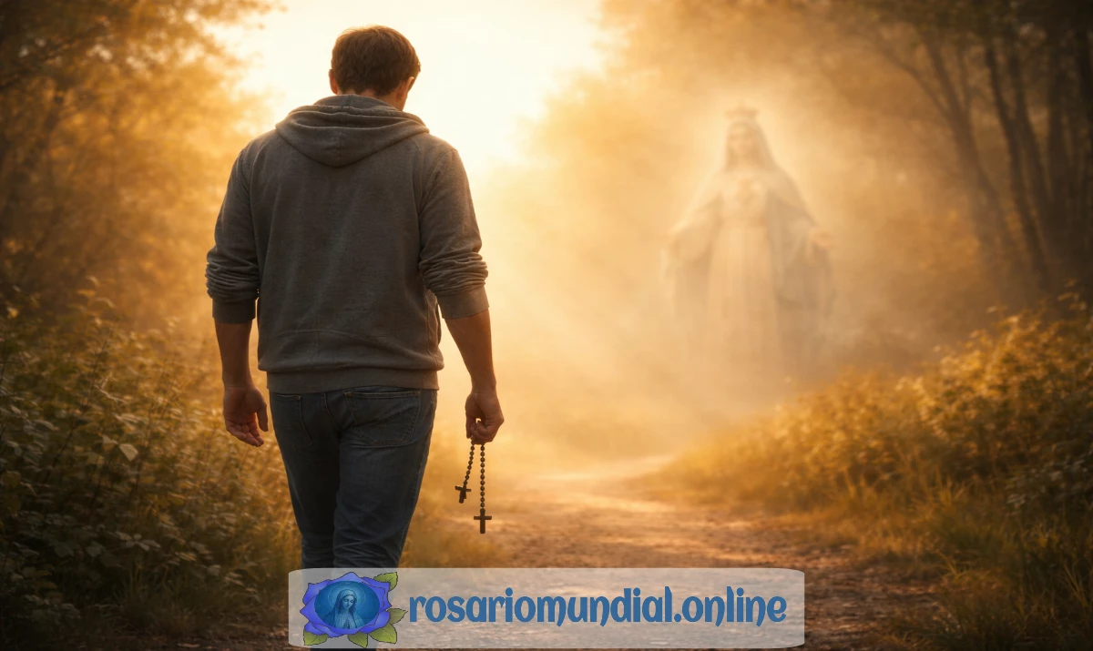 Escena realista suave y serena: una persona caminando despacio por un sendero sencillo al amanecer, vista de espaldas, con un rosario en la mano. La luz es cálida y envolvente, sin dramatismo. Al fondo, muy sutil y desenfocada, una presencia mariana apenas perceptible en la luz. Sensación de confianza que se reconstruye paso a paso. Sin texto.