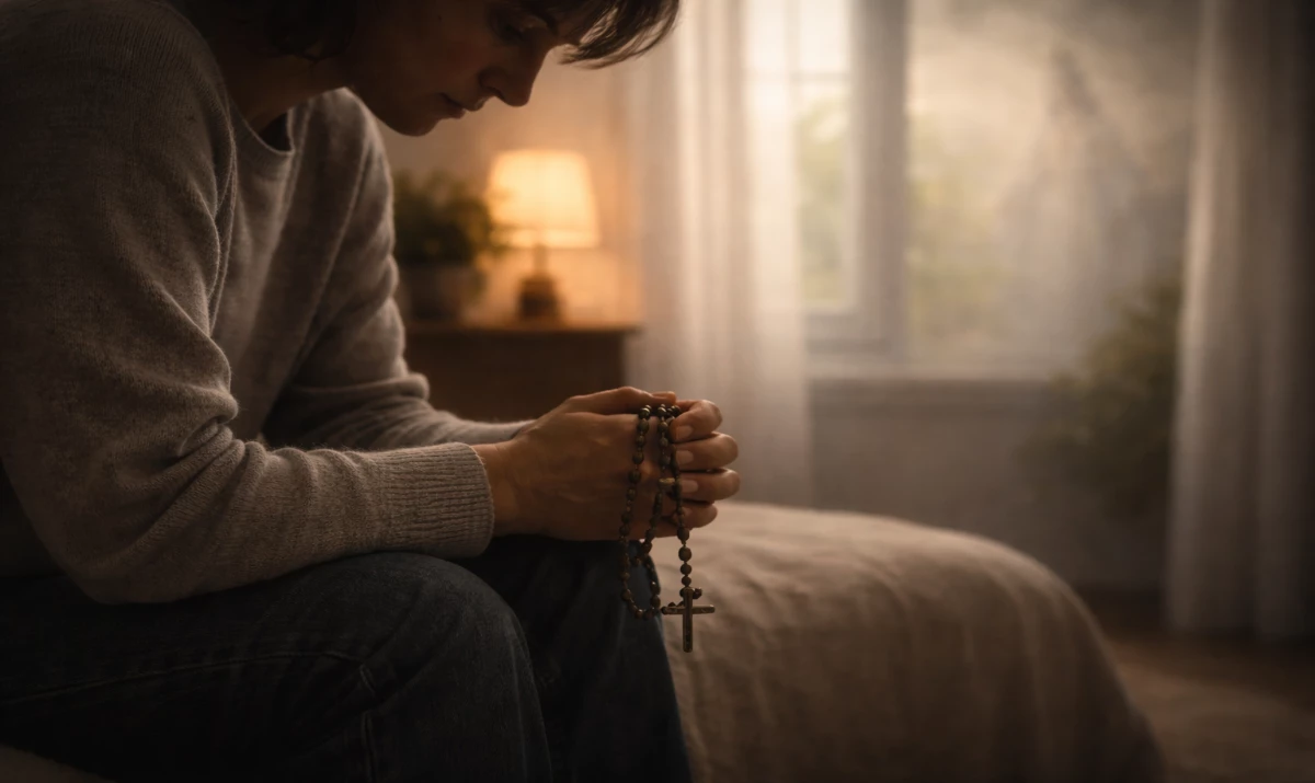 Escena realista suave y respetuosa: una persona sentada en silencio en una habitación en penumbra, con el rosario entre las manos apoyadas sobre las rodillas. Una pequeña luz lateral entra por la ventana. El ambiente es sobrio pero no dramático. Presencia mariana muy sutil sugerida en la claridad tenue. Sensación de peso real, pero con una mínima luz que acompaña.