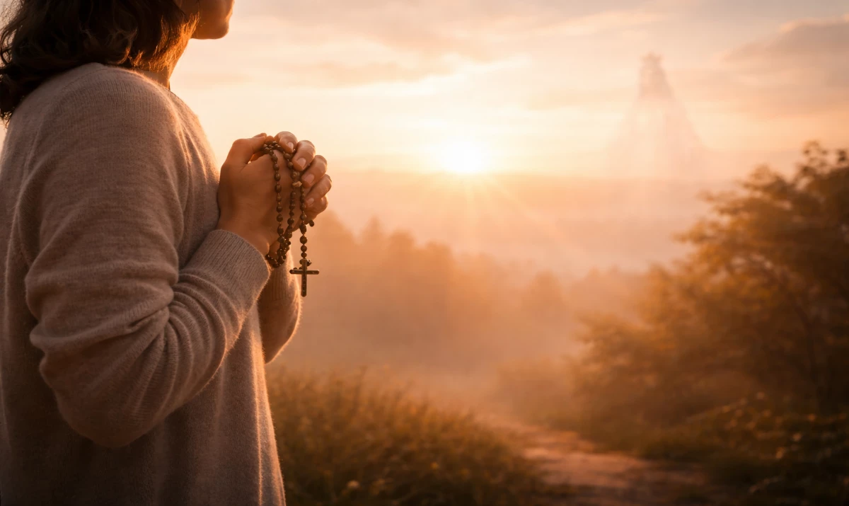 Escena realista suave y luminosa: una persona de pie al amanecer mirando el horizonte, con un rosario en la mano a la altura del pecho. La luz dorada del sol comienza a iluminar el cielo. Ambiente sereno, sensación de nuevo comienzo. Presencia mariana muy sutil sugerida en la claridad del amanecer, apenas perceptible.