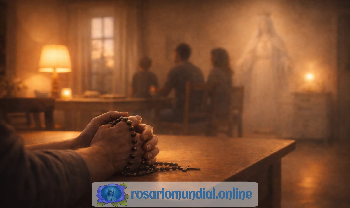 Escena realista suave y respetuosa: interior de un hogar sencillo al atardecer. Una mesa de cocina o salón con una luz cálida encendida. En primer plano, unas manos sosteniendo un rosario apoyadas sobre la mesa. Al fondo, desenfocadas, siluetas de una familia en silencio o una estancia vacía que transmite espera. Presencia mariana muy sutil en la luz, apenas perceptible. Sensación de fragilidad, refugio y esperanza. Sin texto.