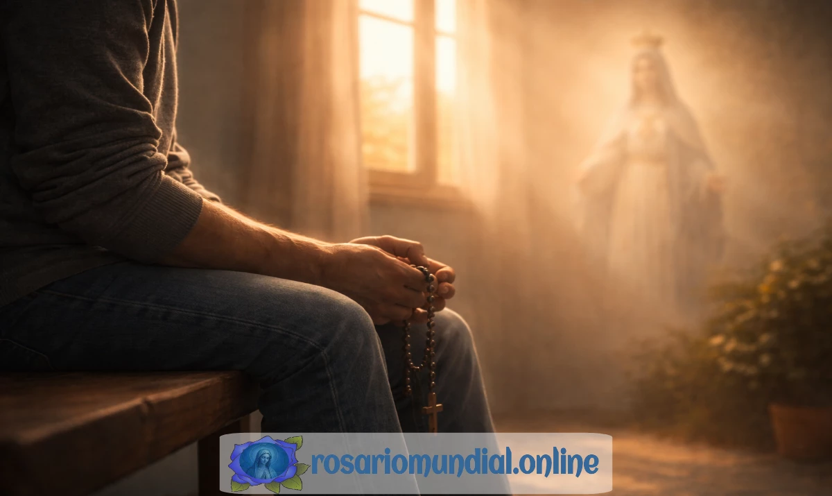 Escena realista suave y respetuosa: una persona sentada en silencio en un banco sencillo o en una habitación tranquila, con un rosario descansando entre las manos. Luz suave entrando por una ventana al atardecer. Al fondo, muy sutil y desenfocada, una presencia mariana apenas perceptible en la luz. Sensación de recogimiento, consuelo y acompañamiento. Sin texto.