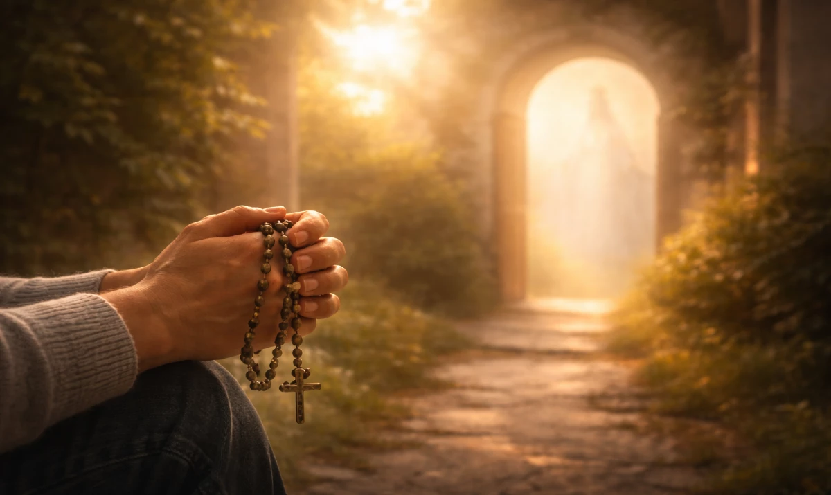 Escena realista suave y luminosa: un camino sencillo que conduce hacia una puerta antigua entreabierta o un arco iluminado por luz cálida al amanecer. En primer plano, unas manos sosteniendo un rosario. La luz atraviesa suavemente el espacio. Presencia mariana muy sutil sugerida en la claridad del fondo, apenas perceptible. Sensación de esperanza, tránsito y confianza.