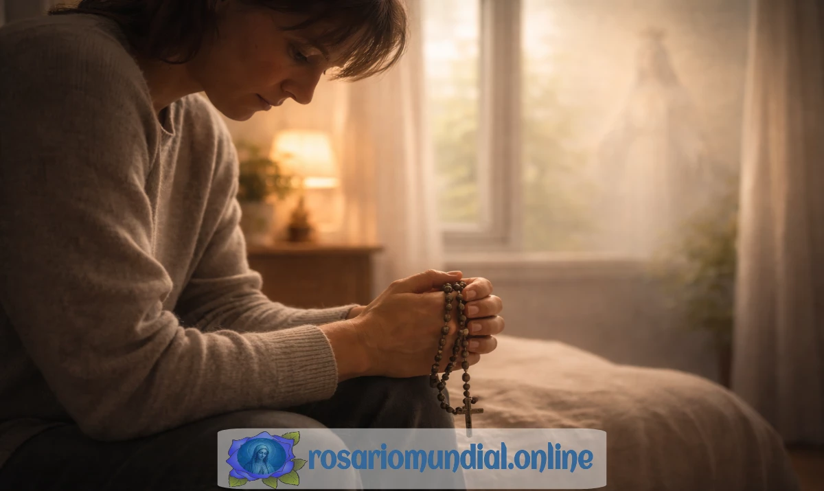 Escena realista suave y respetuosa: una persona sentada en una habitación tranquila, ligeramente encorvada, con un rosario sostenido entre las manos. Luz suave entrando por una ventana, sin dramatismo. Ambiente silencioso, tonos cálidos y apagados. Presencia mariana muy sutil sugerida en la luz, perceptible. Sensación de fragilidad real pero acompañada. Sin texto.