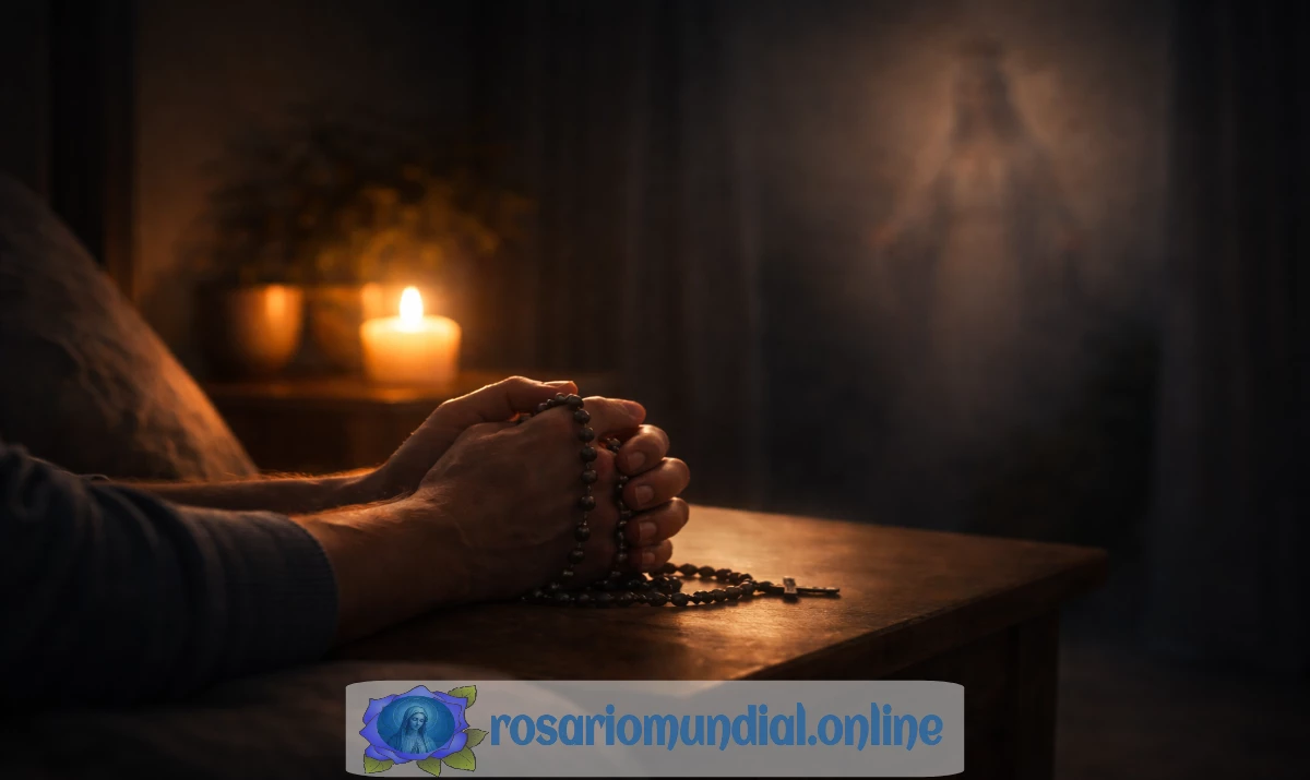 Escena realista suave y respetuosa: una habitación o camino en penumbra, con una luz pequeña encendida (vela o lámpara) iluminando parcialmente unas manos que sostienen un rosario. Al fondo, sombras suaves sin amenaza. Presencia mariana muy sutil sugerida en la luz, apenas perceptible. Sensación de oscuridad real, pero con una luz mínima que acompaña. Sin texto.