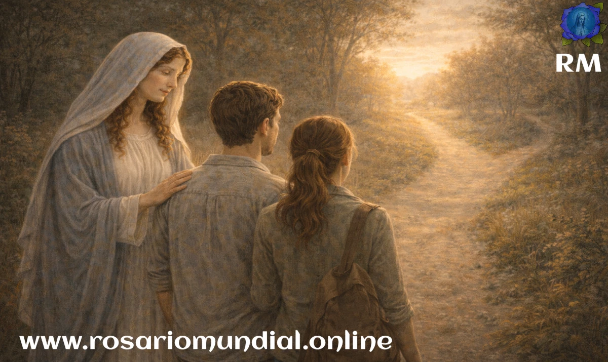 La Virgen María acompañando a unas personas ante un cruce de calles sencillo, gesto de calma y guía, luz suave que ilumina una de las calles, ambiente sereno y recogido, sensación de discernimiento y paz, estilo realista suave, sin texto