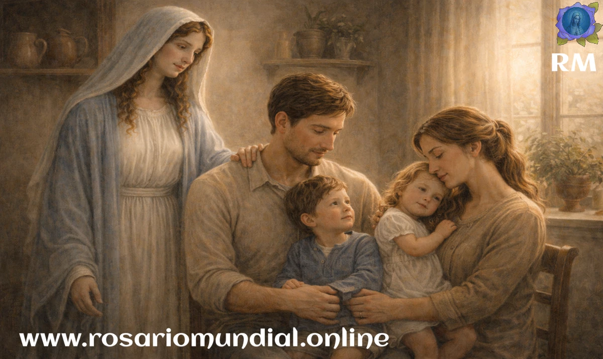 La Virgen María en un hogar sencillo, acompañando con gesto materno a unos padres con sus hijos, ambiente cálido y cotidiano, luz suave entrando por una ventana, sensación de cuidado, responsabilidad y amor familiar, estilo realista suave, sin texto, formato 16:9.