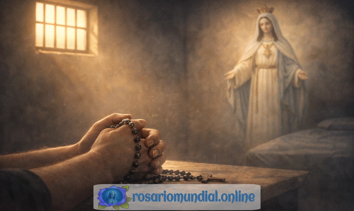 Escena realista suave y respetuosa: una celda sencilla iluminada por una luz cálida que entra por una pequeña ventana con rejas. En primer plano, unas manos apoyadas sobre una mesa sosteniendo un rosario. Al fondo, muy sutil y desenfocada, la figura serena de la Virgen de la Merced con manto claro, sin protagonismo excesivo. Ambiente de esperanza, silencio y acompañamiento. Sin texto.