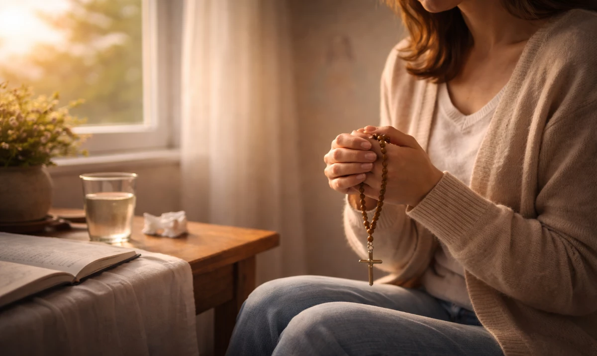 Escena realista suave y respetuosa: una persona sentada en una habitación tranquila junto a una ventana, sosteniendo un rosario con suavidad. Sobre una mesa cercana hay un vaso de agua o medicamentos discretos. La luz suave del amanecer entra por la ventana. Ambiente de calma, fragilidad y esperanza. Presencia mariana muy sutil sugerida en la luz.