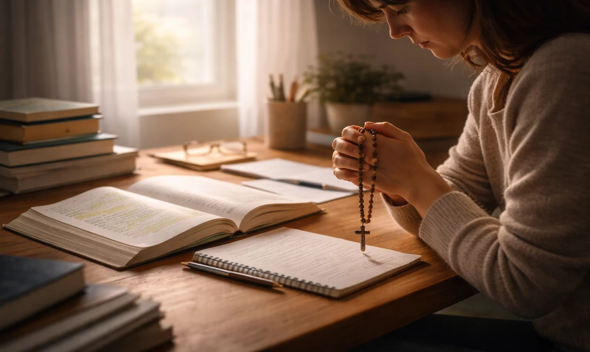 Escena realista suave y respetuosa: una mesa sencilla con libros abiertos y apuntes, una persona joven sentada concentrada, sosteniendo un rosario unos segundos antes de empezar a estudiar. Luz natural entrando por la ventana. Ambiente de esfuerzo y serenidad. Presencia mariana muy sutil sugerida en la claridad de la luz. Sin texto.