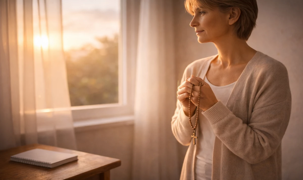 Escena realista suave y luminosa: una persona de pie o sentada junto a una ventana al amanecer, con un rosario entre las manos a la altura del pecho. La luz del nuevo día entra suavemente iluminando el rostro. Sobre la mesa cercana hay un cuaderno o agenda cerrada. Ambiente de comienzo, decisión tranquila y fidelidad cotidiana. Presencia mariana muy sutil sugerida en la luz.