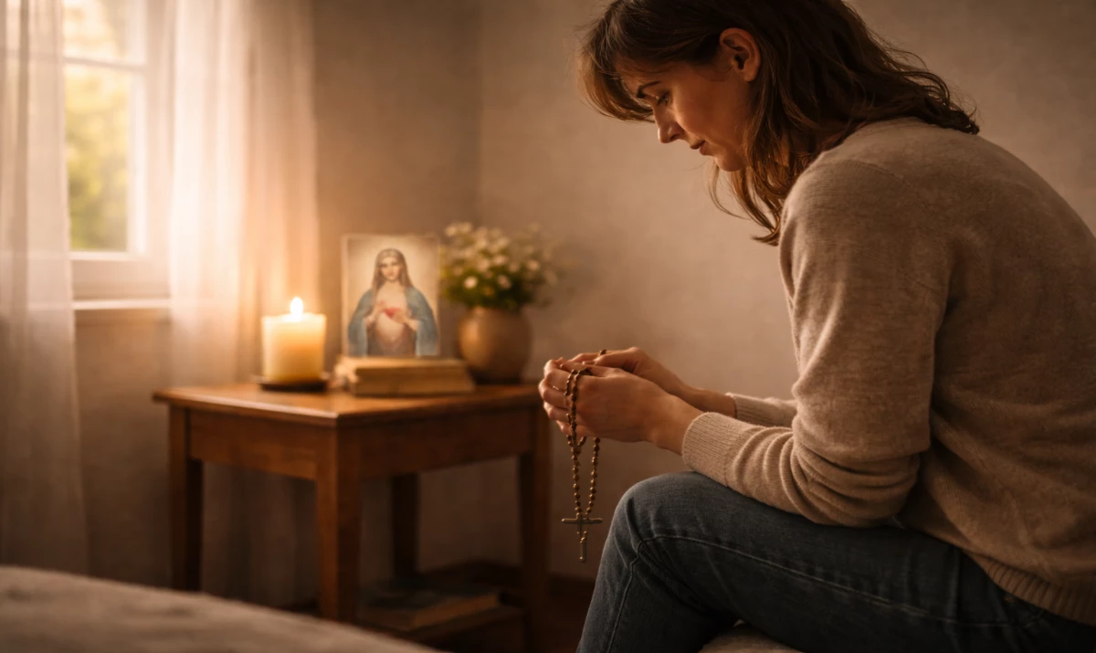 Escena realista suave y respetuosa: una persona sentada en silencio en una habitación tranquila, sosteniendo un rosario entre las manos. En una mesa cercana hay una pequeña imagen discreta de la Virgen de los Dolores o una estampa mariana. Luz cálida entrando lateralmente. Ambiente de recogimiento, dolor sereno y compañía. Presencia mariana sugerida en la luz, muy sutil.