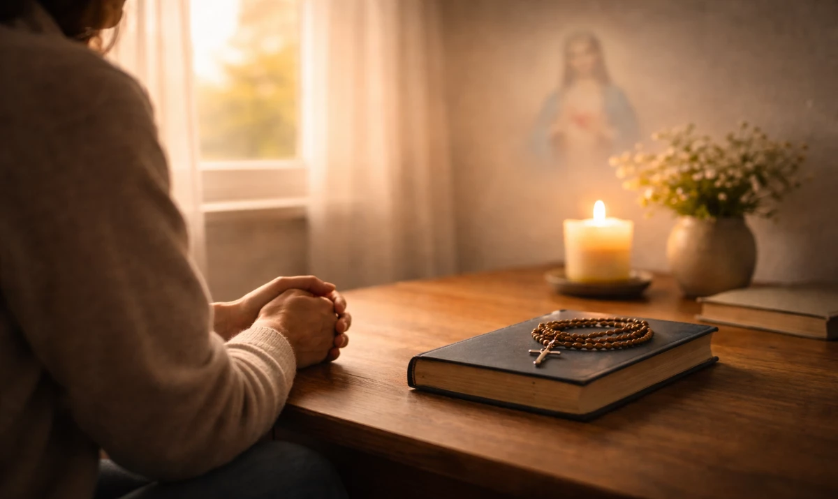 Escena realista suave y respetuosa: una mesa sencilla al amanecer con un rosario apoyado junto a una Biblia o cuaderno cerrado. Una persona sentada en silencio antes de comenzar a rezar. Luz suave entrando por la ventana. Ambiente de calma, inicio del día y fidelidad sencilla. Presencia mariana muy sutil sugerida en la claridad de la luz.
