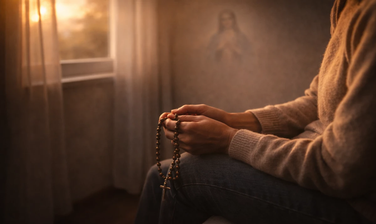 Escena realista suave y respetuosa: una persona sentada junto a una ventana en una habitación tranquila al atardecer. En sus manos sostiene un rosario con suavidad. La luz es tenue pero cálida, entrando lateralmente. El ambiente transmite cansancio interior pero también calma. Presencia mariana muy sutil sugerida en la claridad de la luz.