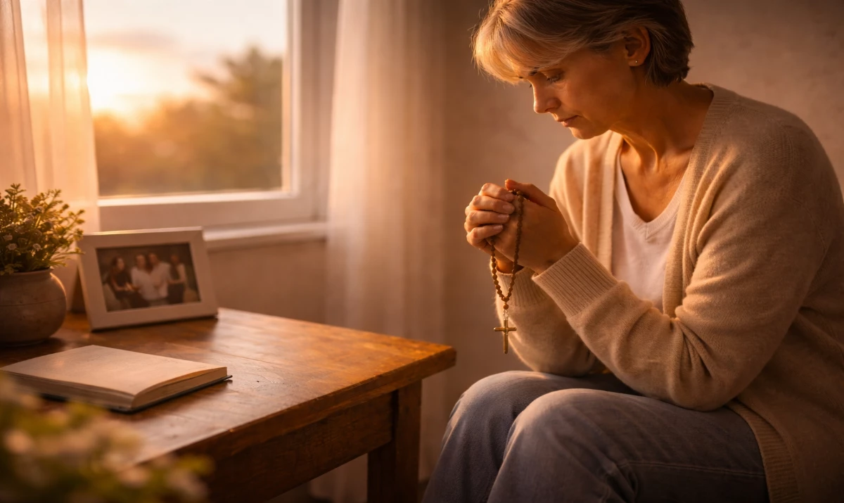 Escena realista suave y respetuosa: una persona mayor sentada en silencio junto a una ventana al atardecer, sosteniendo un rosario entre las manos. Sobre la mesa hay una fotografía familiar ligeramente desenfocada. La luz cálida entra suavemente por la ventana. Ambiente de amor silencioso, preocupación y esperanza. Presencia mariana muy sutil sugerida en la luz.