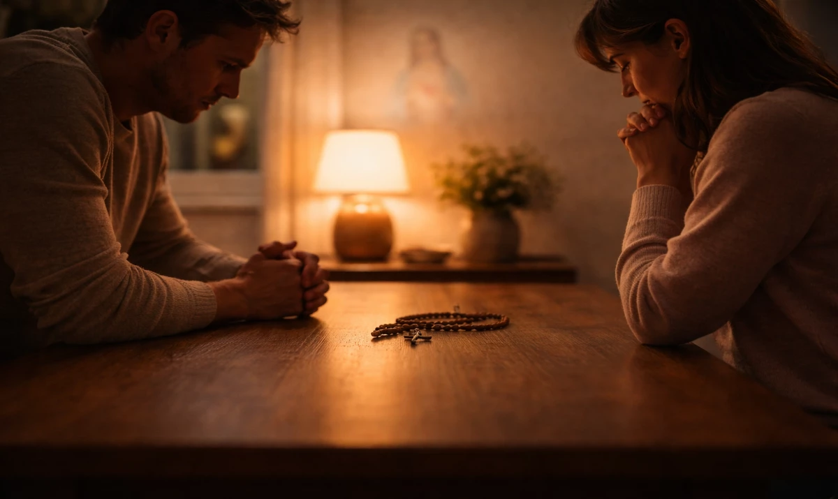 Escena realista suave y respetuosa: una mesa sencilla en un hogar al anochecer. Dos personas sentadas en silencio, quizá frente a frente o ligeramente separadas, transmitiendo tensión pero también apertura. En la mesa hay un rosario apoyado entre ambos. Luz cálida y suave entrando por una lámpara o ventana. Presencia mariana muy sutil sugerida en la luz. Sensación de fragilidad pero también de esperanza.