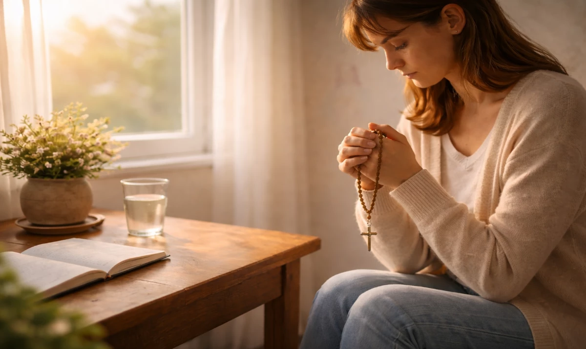 Escena realista suave y luminosa: una persona sentada junto a una ventana al amanecer con un rosario entre las manos. Sobre la mesa hay un vaso de agua o una pequeña planta. La luz clara entra suavemente iluminando el espacio. El ambiente transmite sencillez, renovación interior y deseo de vivir con un corazón limpio. Presencia mariana muy sutil sugerida en la luz.