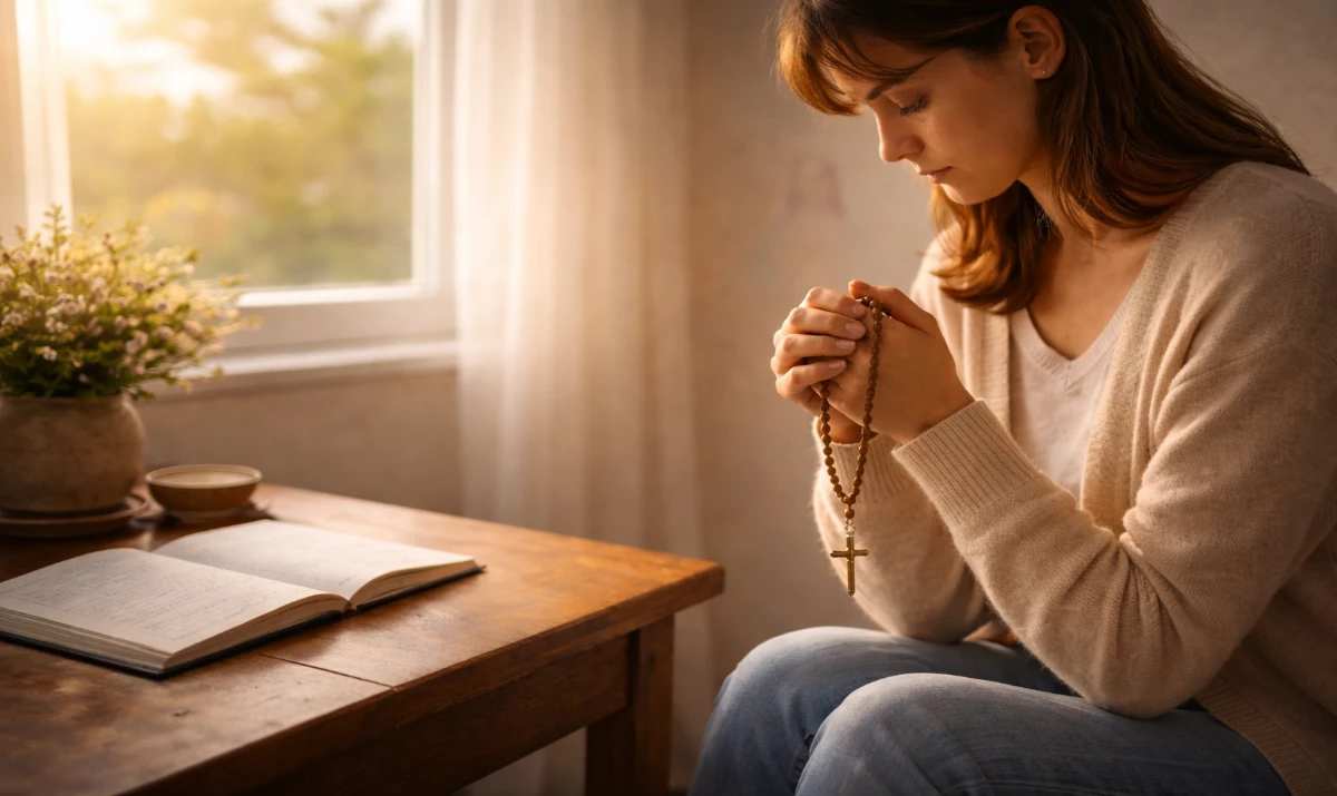 Escena realista suave y respetuosa: una persona sentada en silencio junto a una ventana con un rosario entre las manos. En la mesa hay un pequeño cuaderno o una Biblia abierta. La luz clara del amanecer ilumina suavemente la escena. El ambiente transmite reflexión interior y deseo de vivir con rectitud. Presencia mariana muy sutil sugerida en la luz.