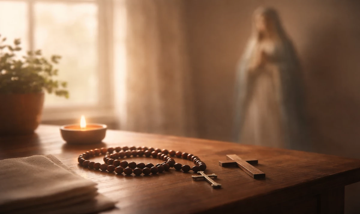 Escena realista suave: una mesa sencilla con un rosario y una pequeña cruz de madera. Luz tenue de atardecer entrando por una ventana. Ambiente de recogimiento, sin dramatismo. Sensación de silencio, comienzo y camino interior.