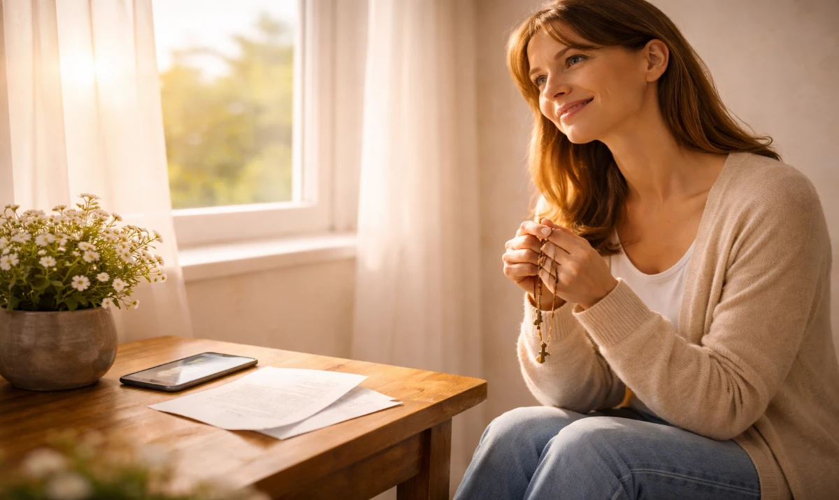 Escena realista suave y luminosa: una persona sentada junto a una ventana en la mañana, sosteniendo un rosario con una sonrisa serena. Sobre la mesa hay un teléfono o una carta abierta, como señal de una buena noticia recibida. La luz clara entra suavemente iluminando el espacio. Ambiente de gratitud, calma y alegría sencilla. Presencia mariana muy sutil sugerida en la luz.