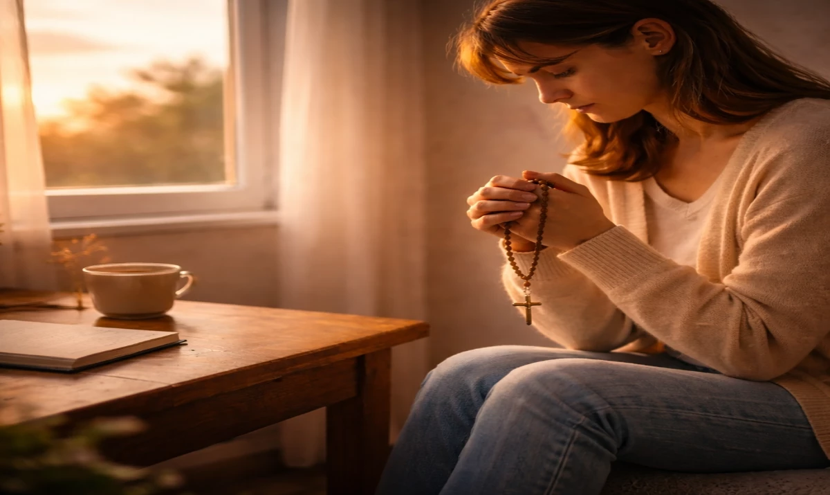 Escena realista suave y respetuosa: una persona sentada en silencio junto a una ventana al final del día, sosteniendo un rosario entre las manos. La luz cálida del atardecer entra suavemente por la ventana. Sobre la mesa hay una taza o un cuaderno cerrado. Ambiente de cansancio real pero acompañado. Presencia mariana muy sutil sugerida en la luz.