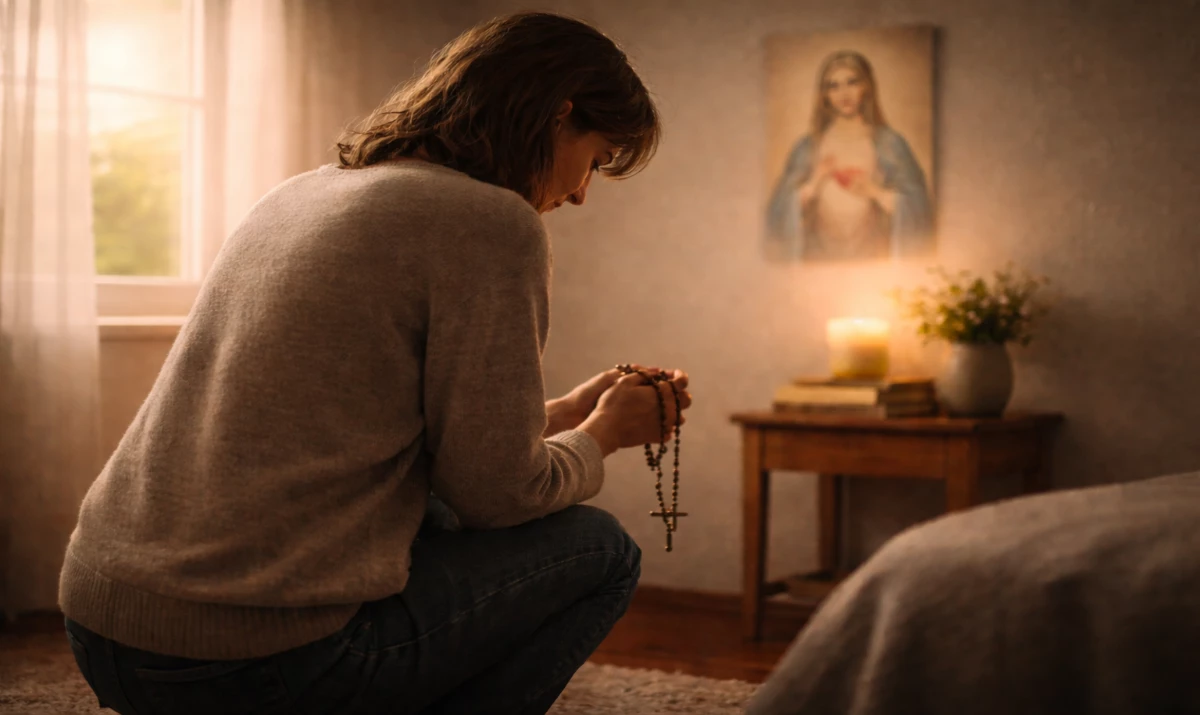 Escena realista suave y respetuosa: una persona de rodillas o sentada en silencio en una habitación sencilla, con un rosario entre las manos. En una pared cercana, una imagen discreta del Corazón de María (sin detalles excesivos). Luz cálida entrando lateralmente. Sensación de recogimiento, entrega y confianza.