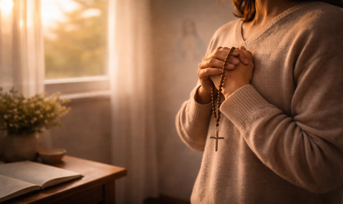 Escena realista suave y respetuosa: una persona de pie o sentada en silencio en una habitación tranquila, con el rosario entre las manos a la altura del pecho. La luz suave del amanecer entra por una ventana lateral. El ambiente transmite serenidad, confianza y apertura interior. Presencia mariana muy sutil sugerida en la luz.