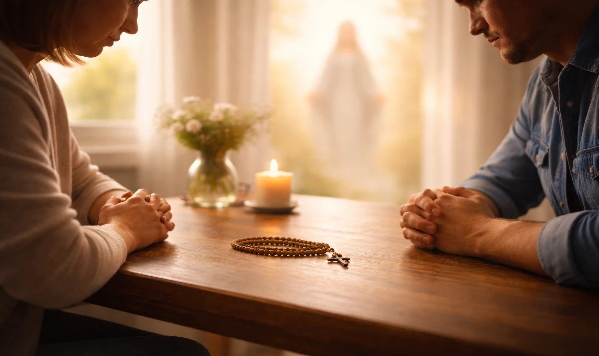 oración Virgen María desarmar corazones. Escena realista suave y respetuosa: dos personas sentadas en silencio frente a frente o ligeramente separadas en una mesa sencilla. Entre ellas, un rosario apoyado. Luz cálida entrando lateralmente. Ambiente de tensión suave pero con posibilidad de reconciliación. Presencia mariana muy sutil sugerida en la luz.