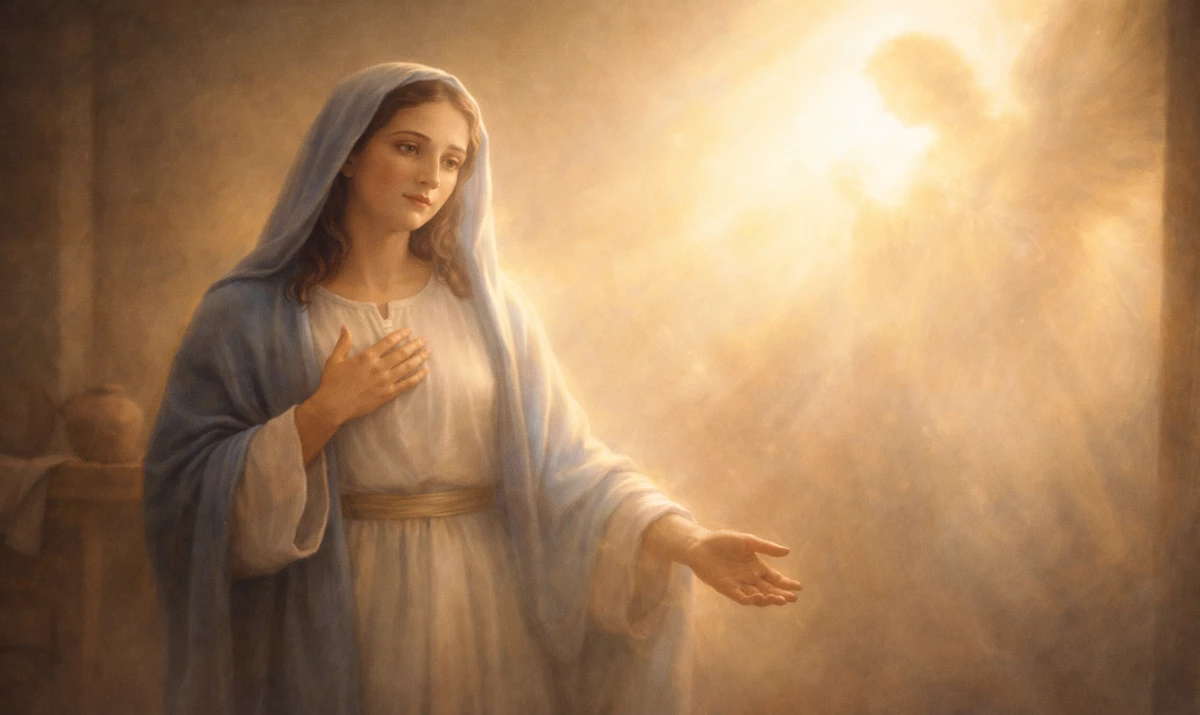 La Virgen María en el momento de la Anunciación. María aparece en un interior sencillo de Nazaret, de pie y ligeramente inclinada, con una mano sobre el pecho y la otra abierta en gesto de aceptación. Su rostro refleja asombro sereno y entrega confiada. Una luz intensa y cálida entra desde un lateral y desde lo alto, iluminando claramente a María y simbolizando la presencia de Dios. Se insinua una figura de luz o un resplandor que sugiere al ángel Gabriel sin mostrarlo de forma detallada. Colores suaves (azules, blancos y dorados), pero con mayor intensidad en la luz que en días anteriores. Fondo sencillo, ambiente sagrado pero humilde. Sensación de momento decisivo, de “sí” total a la voluntad de Dios. Estilo respetuoso, luminoso y contemplativo.