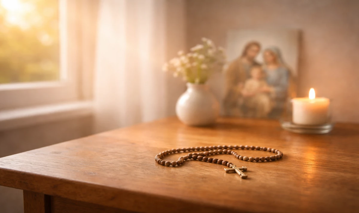 Una oración a María y San José custodios del Redentor. Escena realista suave y luminosa: una mesa sencilla con un rosario apoyado. Al fondo, muy sutil y desenfocada, una estampa o imagen discreta de la Virgen María junto a San José. Luz cálida entrando por una ventana al amanecer. Ambiente de hogar, cuidado y silencio. Presencia mariana muy suave en la luz.