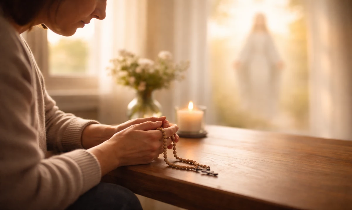 Escena realista suave y luminosa: una persona sentada en silencio en una mesa sencilla con un rosario entre las manos. La cabeza ligeramente inclinada. Luz suave entrando por una ventana. Ambiente de recogimiento, sencillez y paz. Presencia mariana muy sutil sugerida en la luz.