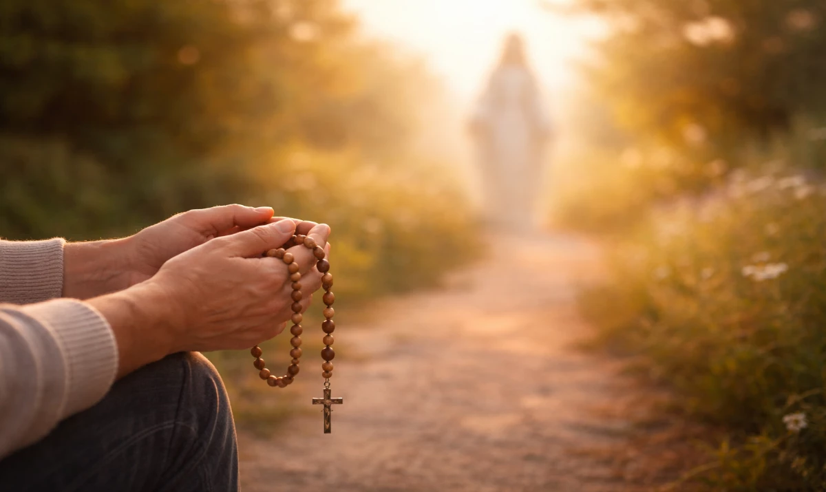 Escena realista suave y luminosa: un camino sencillo iluminado por la luz del amanecer. En primer plano, unas manos sosteniendo un rosario. Al fondo, muy sutil y desenfocada, una presencia mariana sugerida en la luz que guía el camino. Ambiente de dirección, confianza y paz.